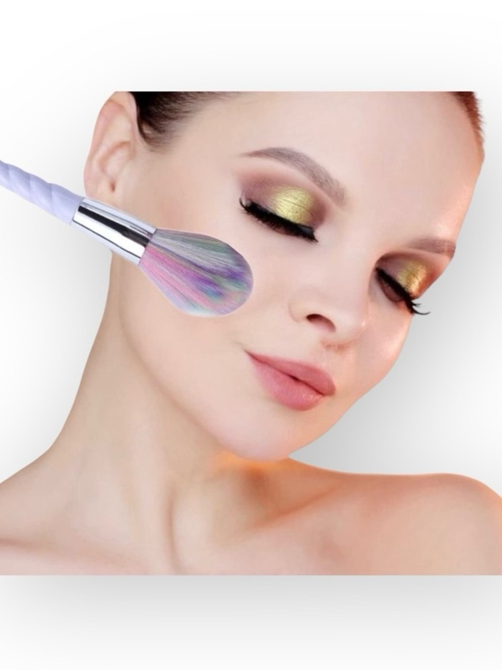 new Unicorn Horn ༄ 10 Piece Kabuki Makeup Brush Set ༄ Pearl ༄ Pink Hologram Case